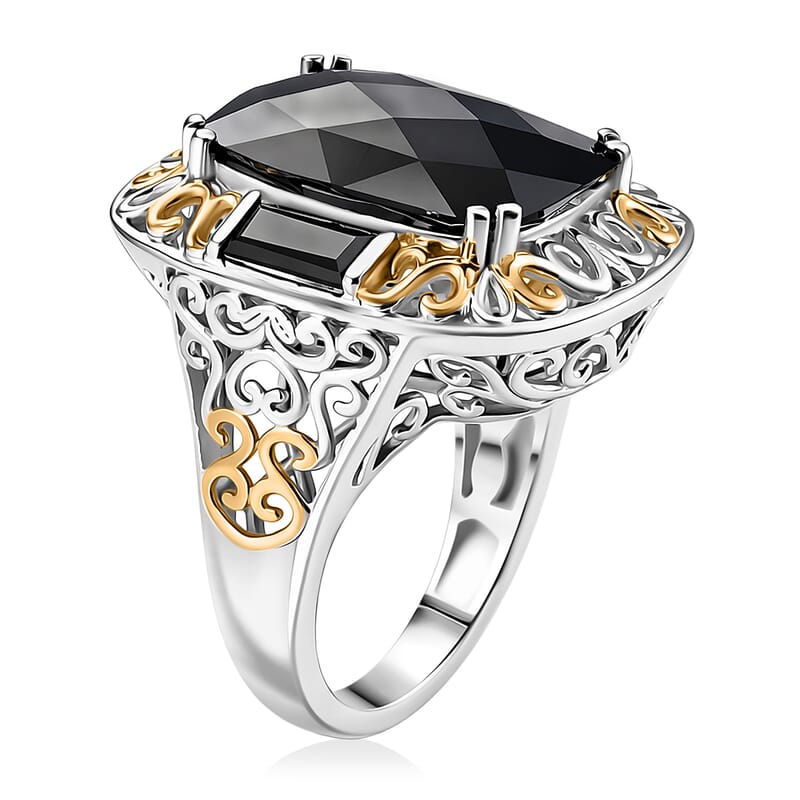EverTrue Thai Black Spinel 26.50 ctw Ring (Size 5) and Pendant in 18K YG Plated and Platinum Bond with Stainless Steel Necklace 20 Inches
