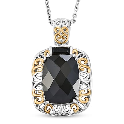 EverTrue Thai Black Spinel 26.50 ctw Ring (Size 5) and Pendant in 18K YG Plated and Platinum Bond with Stainless Steel Necklace 20 Inches