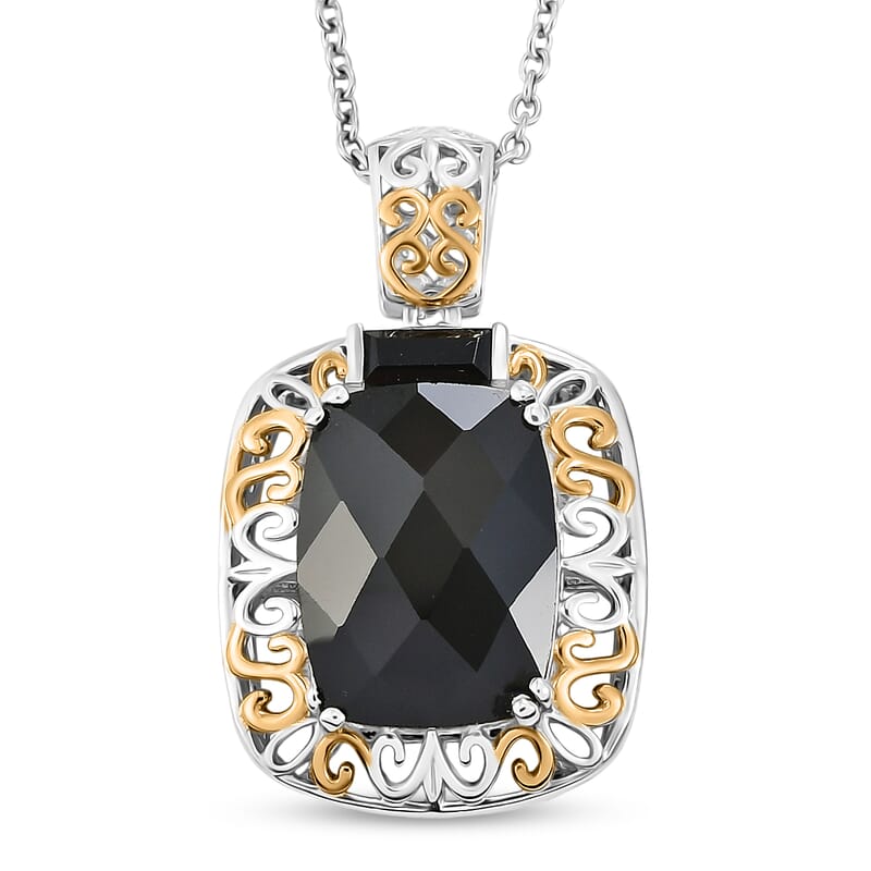EverTrue Thai Black Spinel 26.50 ctw Ring (Size 5) and Pendant in 18K YG Plated and Platinum Bond with Stainless Steel Necklace 20 Inches