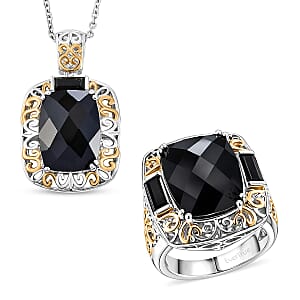 EverTrue Thai Black Spinel 25.50 ctw Ring (Size 7) and Pendant in 18K YG Plated and Platinum Bond with Stainless Steel Necklace 20 Inches