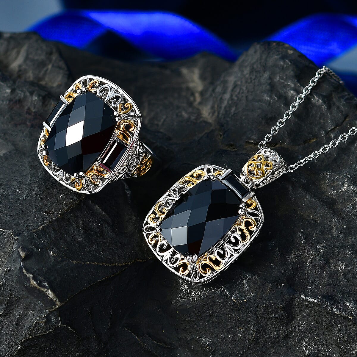 EverTrue Thai Black Spinel 25.50 ctw Ring (Size 7) and Pendant in 18K YG Plated and Platinum Bond with Stainless Steel Necklace 20 Inches image number 1