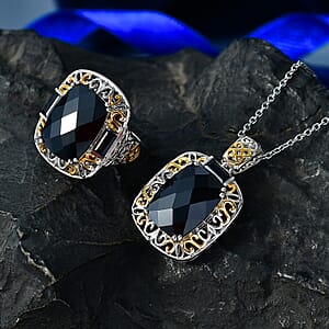 EverTrue Thai Black Spinel 25.50 ctw Ring (Size 7) and Pendant in 18K YG Plated and Platinum Bond with Stainless Steel Necklace 20 Inches