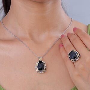 EverTrue Thai Black Spinel 25.50 ctw Ring (Size 7) and Pendant in 18K YG Plated and Platinum Bond with Stainless Steel Necklace 20 Inches