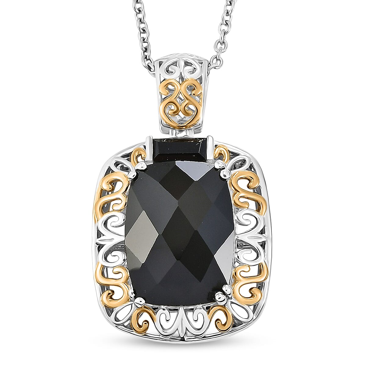 EverTrue Thai Black Spinel 25.50 ctw Ring (Size 7) and Pendant in 18K YG Plated and Platinum Bond with Stainless Steel Necklace 20 Inches image number 6