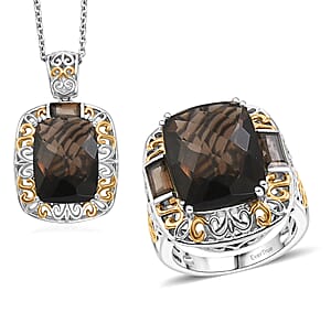 EverTrue Smoky Quartz 22.15 ctw Ring (Size 7) and Pendant in 18K YG Plated and Platinum Bond with Stainless Steel Necklace 20 Inches