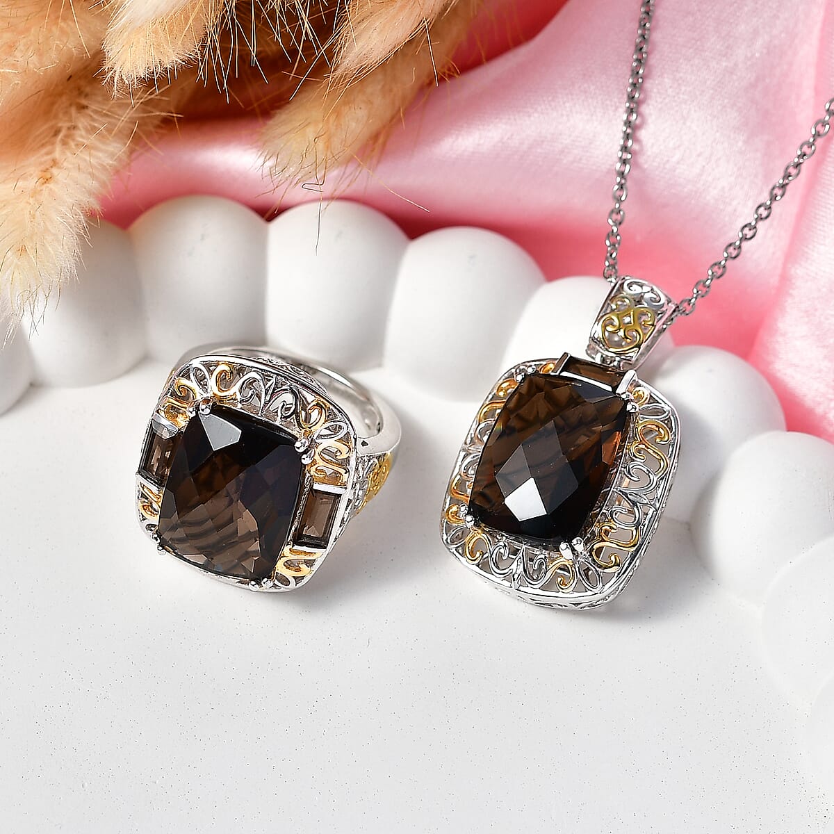 EverTrue Smoky Quartz 22.15 ctw Ring (Size 7) and Pendant in 18K YG Plated and Platinum Bond with Stainless Steel Necklace 20 Inches image number 1