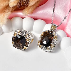 EverTrue Smoky Quartz 22.15 ctw Ring (Size 7) and Pendant in 18K YG Plated and Platinum Bond with Stainless Steel Necklace 20 Inches