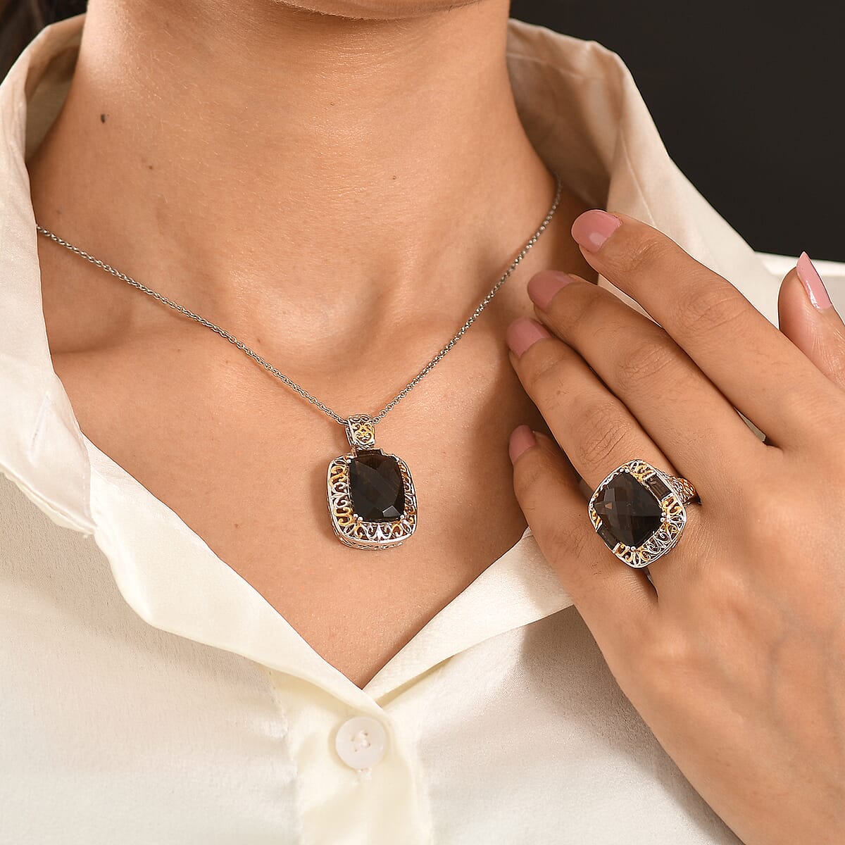 EverTrue Smoky Quartz 22.15 ctw Ring (Size 7) and Pendant in 18K YG Plated and Platinum Bond with Stainless Steel Necklace 20 Inches image number 2
