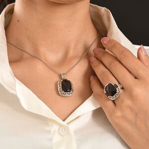 EverTrue Smoky Quartz 22.15 ctw Ring (Size 7) and Pendant in 18K YG Plated and Platinum Bond with Stainless Steel Necklace 20 Inches