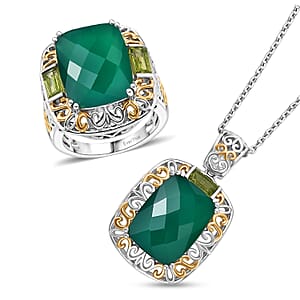 EverTrue Verde Onyx and Hebei Peridot 22.90 ctw Ring (Size 7) and Pendant in 18K YG Plated and Platinum Bond with Stainless Steel Necklace 20 Inches