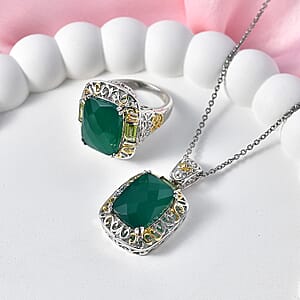 EverTrue Verde Onyx and Hebei Peridot 22.90 ctw Ring (Size 7) and Pendant in 18K YG Plated and Platinum Bond with Stainless Steel Necklace 20 Inches