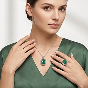 EverTrue Verde Onyx and Hebei Peridot 22.90 ctw Ring (Size 7) and Pendant in 18K YG Plated and Platinum Bond with Stainless Steel Necklace 20 Inches