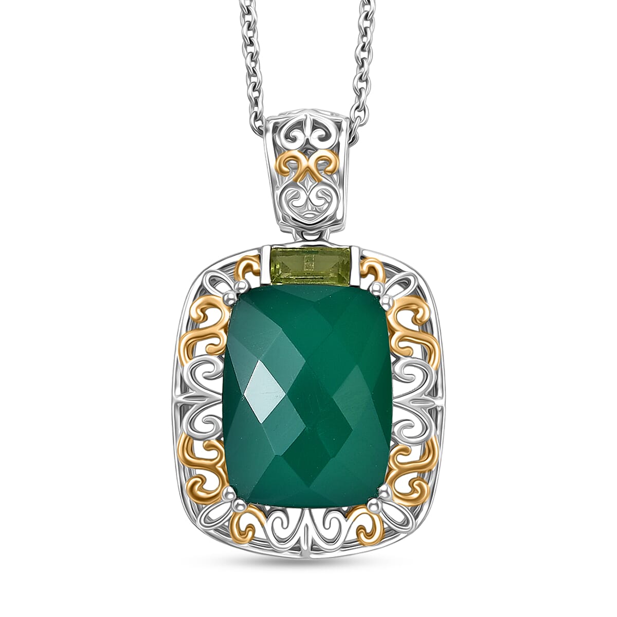 EverTrue Verde Onyx and Hebei Peridot 22.90 ctw Ring (Size 7) and Pendant in 18K YG Plated and Platinum Bond with Stainless Steel Necklace 20 Inches image number 6