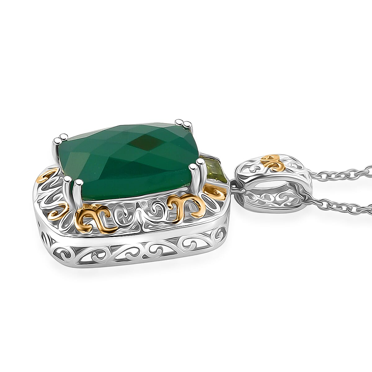 EverTrue Verde Onyx and Hebei Peridot 22.90 ctw Ring (Size 7) and Pendant in 18K YG Plated and Platinum Bond with Stainless Steel Necklace 20 Inches image number 7