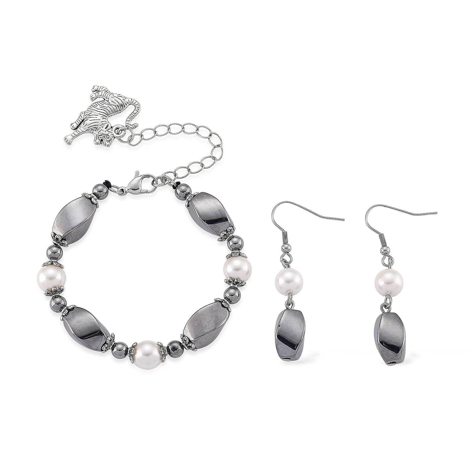 Terahertz 40.00 ctw and White Shell Pearl Bracelet with Tiger Charm (6.5-8.5In) and Earrings in Silvertone and Stainless Steel