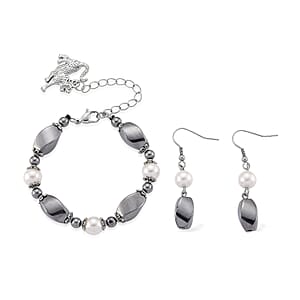 Terahertz 40.00 ctw and White Shell Pearl Beaded Bracelet with Charm (6.5-8.5In) and Earrings in Silvertone and Stainless Steel