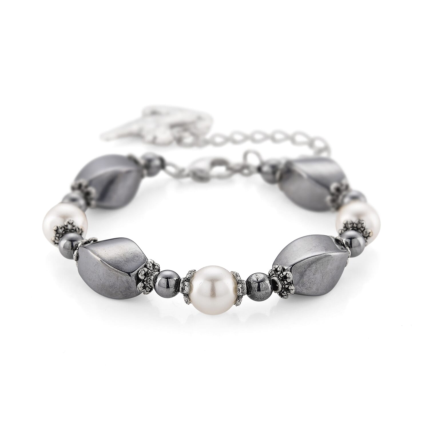 Terahertz 40.00 ctw and White Shell Pearl Bracelet with Tiger Charm (6.5-8.5In) and Earrings in Silvertone and Stainless Steel