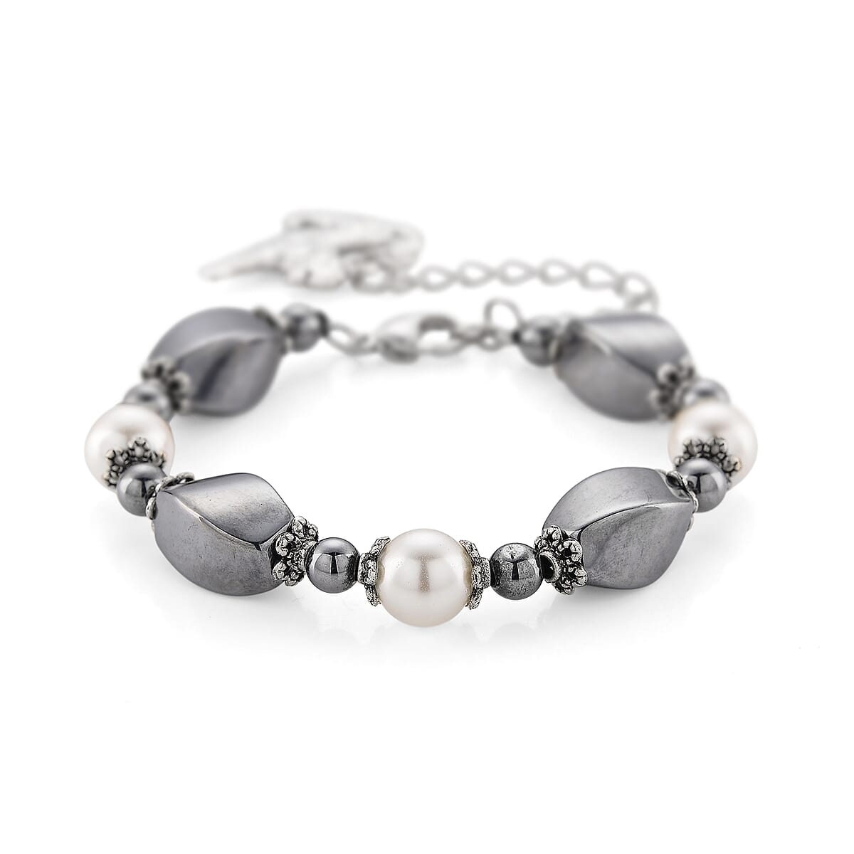 Terahertz 40.00 ctw and White Shell Pearl Beaded Bracelet with Charm (6.5-8.5In) and Earrings in Silvertone and Stainless Steel image number 2