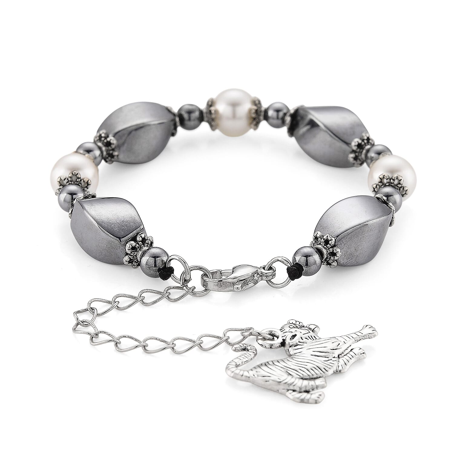 Terahertz 40.00 ctw and White Shell Pearl Bracelet with Tiger Charm (6.5-8.5In) and Earrings in Silvertone and Stainless Steel