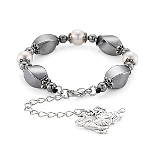 Terahertz 40.00 ctw and White Shell Pearl Beaded Bracelet with Charm (6.5-8.5In) and Earrings in Silvertone and Stainless Steel