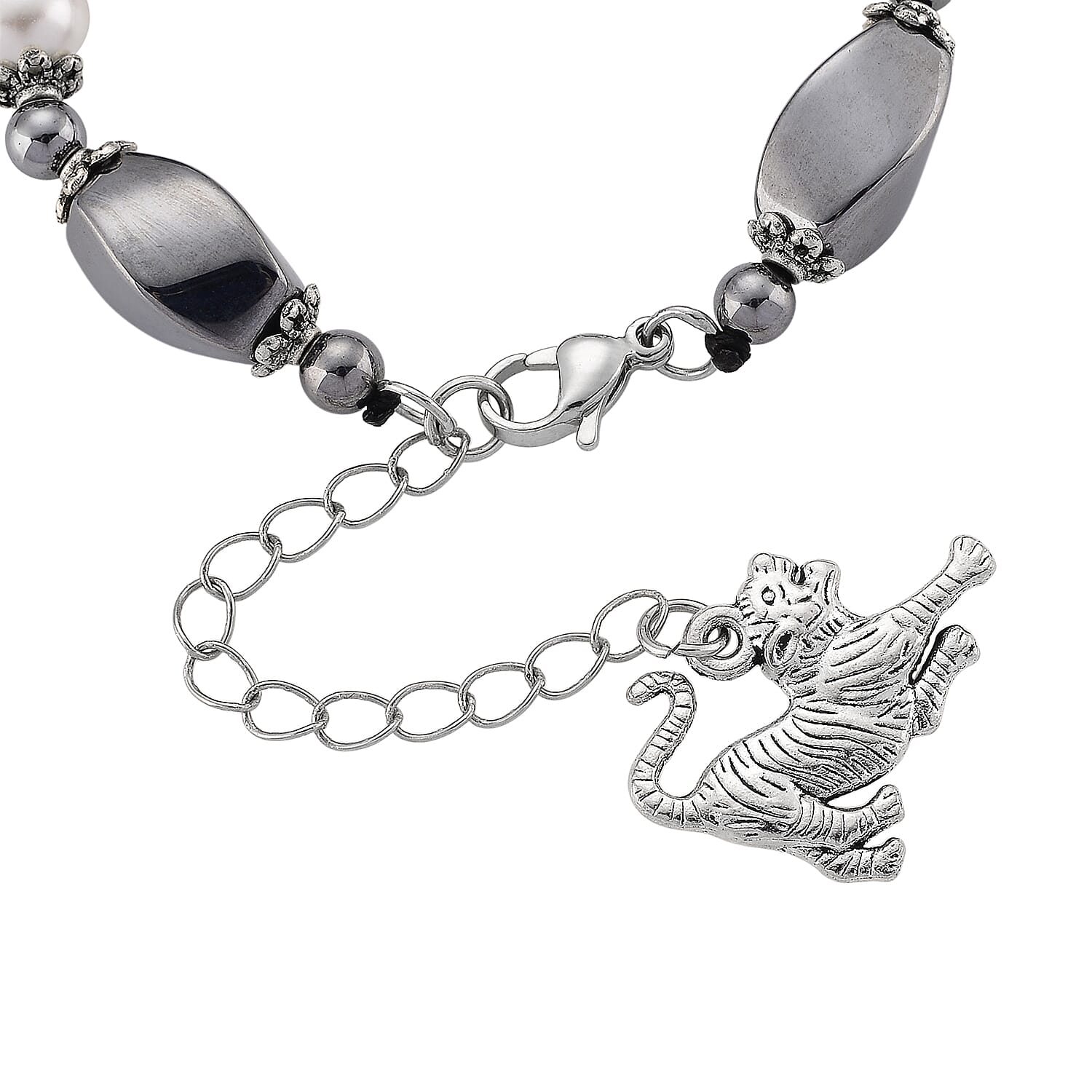 Terahertz 40.00 ctw and White Shell Pearl Bracelet with Tiger Charm (6.5-8.5In) and Earrings in Silvertone and Stainless Steel