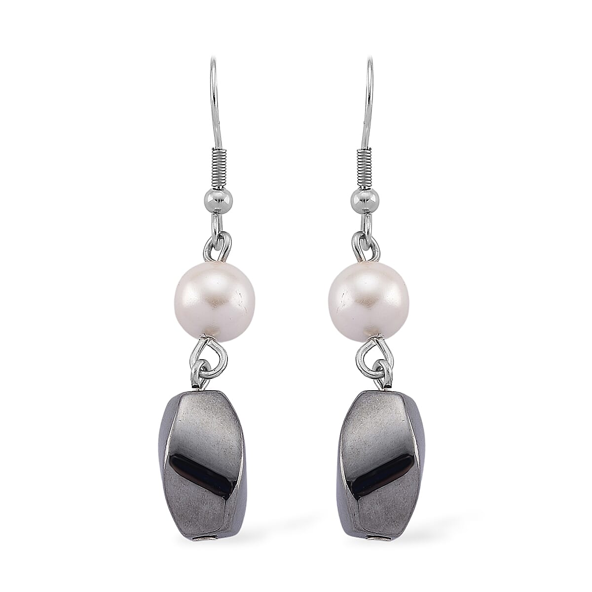 Terahertz 40.00 ctw and White Shell Pearl Bracelet with Tiger Charm (6.5-8.5In) and Earrings in Silvertone and Stainless Steel