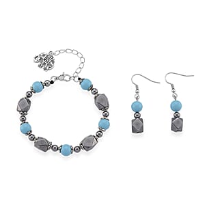 Terahertz 42.00 ctw and Sleeping Beauty Color Shell Pearl Beaded Bracelet with Charm (6.5-8.5In) and Earrings in Silvertone and Stainless Steel