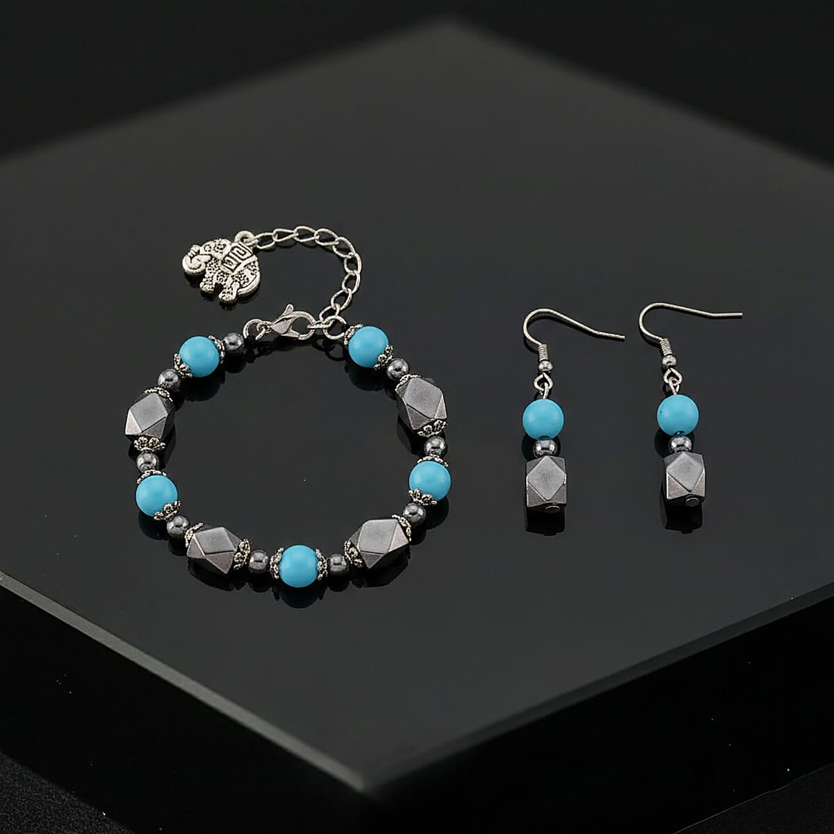 Terahertz 42.00 ctw and Sleeping Beauty Color Shell Pearl Beaded Bracelet with Charm (6.5-8.5In) and Earrings in Silvertone and Stainless Steel image number 1
