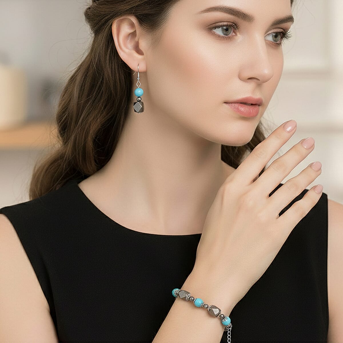 Terahertz 42.00 ctw and Sleeping Beauty Color Shell Pearl Beaded Bracelet with Charm (6.5-8.5In) and Earrings in Silvertone and Stainless Steel image number 2