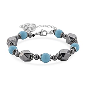 Terahertz 42.00 ctw and Sleeping Beauty Color Shell Pearl Beaded Bracelet with Charm (6.5-8.5In) and Earrings in Silvertone and Stainless Steel