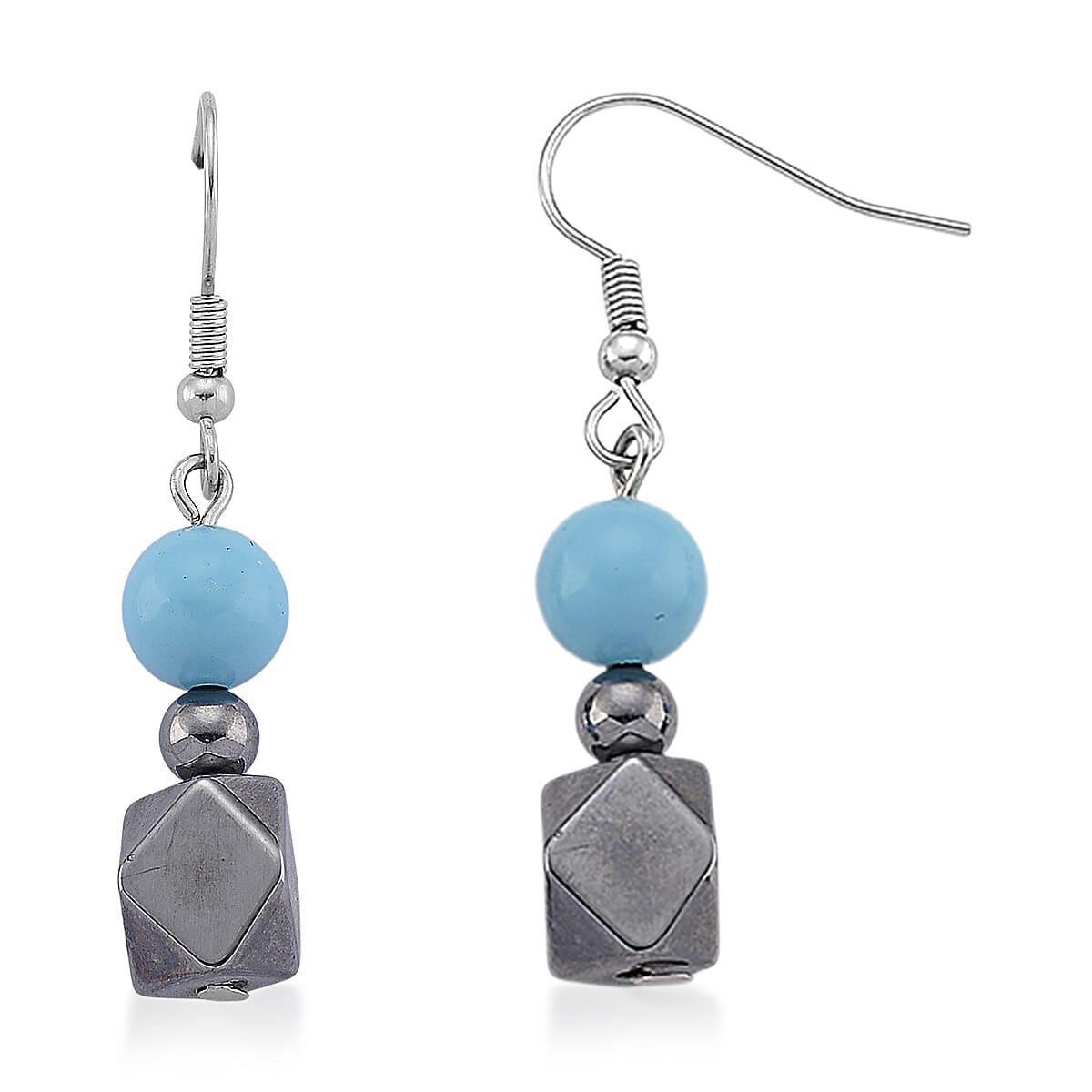 Terahertz 42.00 ctw and Sleeping Beauty Color Shell Pearl Beaded Bracelet with Charm (6.5-8.5In) and Earrings in Silvertone and Stainless Steel image number 6