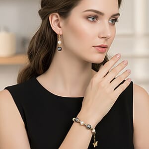 Terahertz 40.00 ctw and White Shell Pearl Beaded Bracelet with Butterfly Charm (6.5-8.5In) and Earrings in Goldtone and Stainless Steel