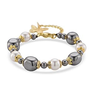 Terahertz 40.00 ctw and White Shell Pearl Beaded Bracelet with Butterfly Charm (6.5-8.5In) and Earrings in Goldtone and Stainless Steel