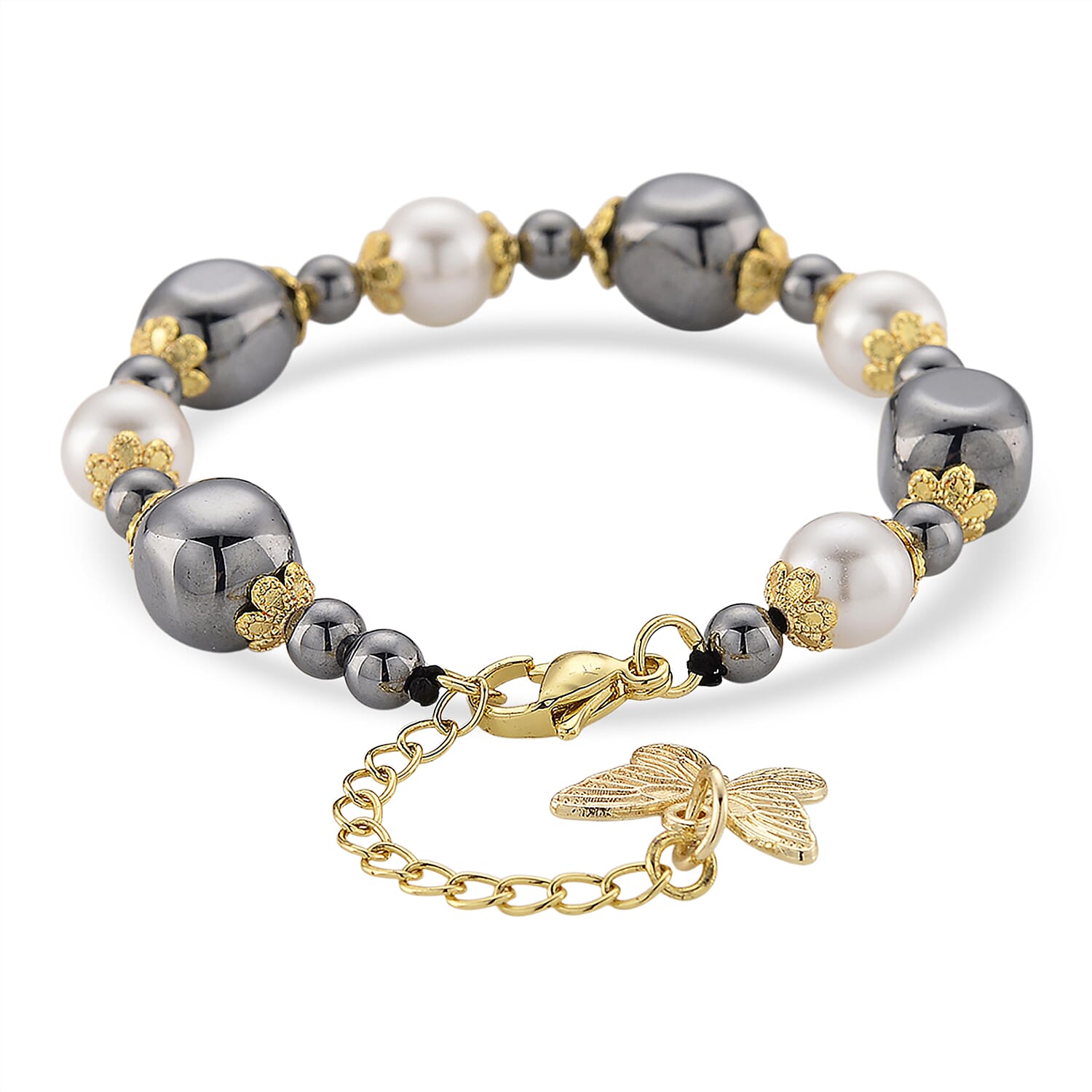 Terahertz 40.00 ctw and White Shell Pearl Bracelet with Butterfly Charm (6.5-8.5In) and Earrings in Goldtone and Stainless Steel