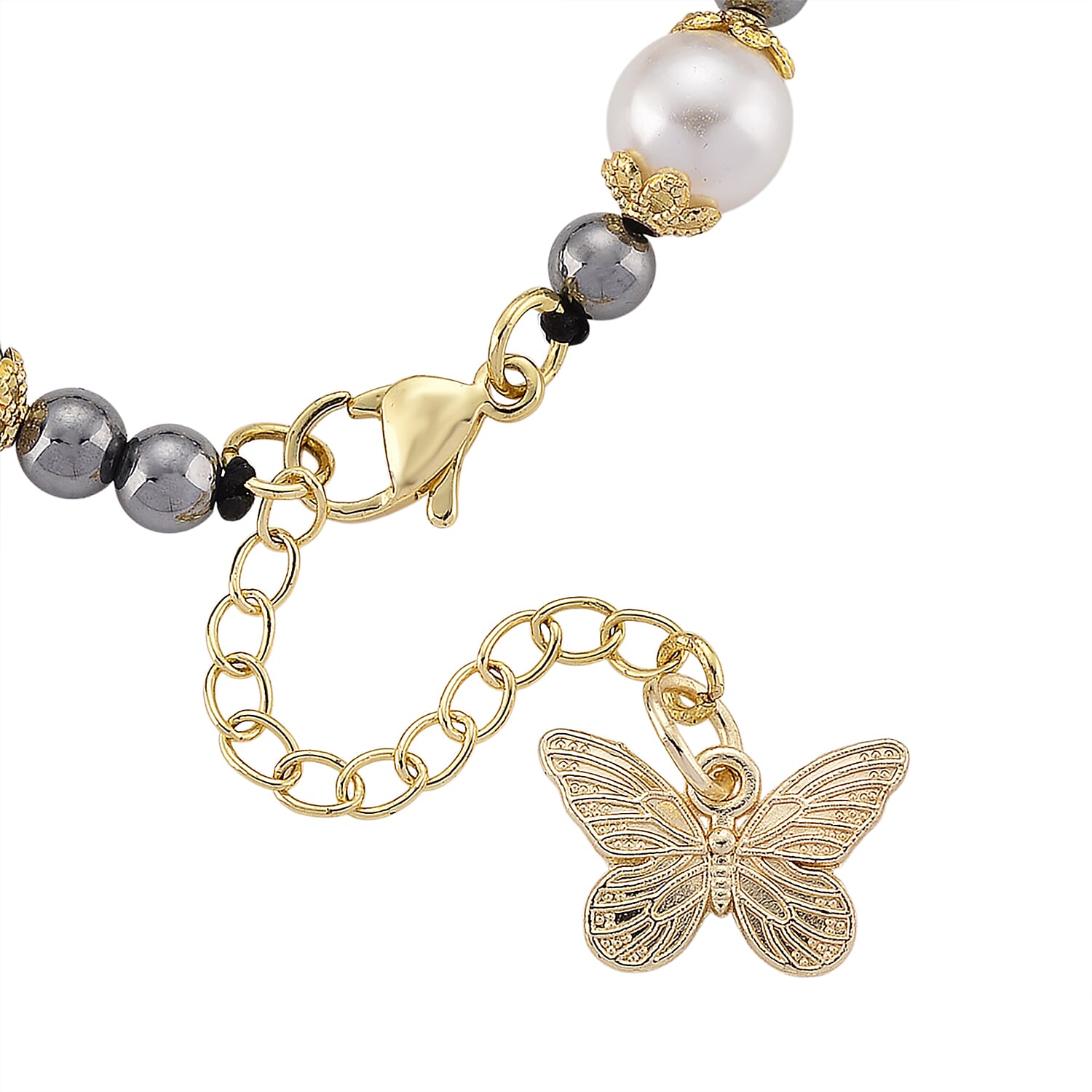 Terahertz 40.00 ctw and White Shell Pearl Bracelet with Butterfly Charm (6.5-8.5In) and Earrings in Goldtone and Stainless Steel