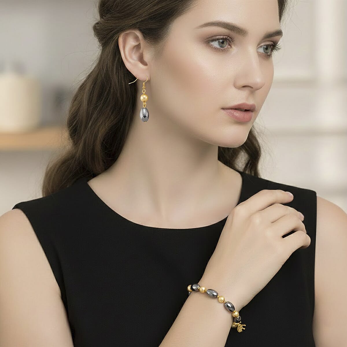 Terahertz 30.00 ctw and Golden Shell Pearl Beaded Bracelet with Lion Charm (6.5-8.5In) and Earrings in Goldtone and Stainless Steel image number 2