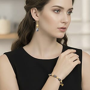 Terahertz 30.00 ctw and Golden Shell Pearl Beaded Bracelet with Lion Charm (6.5-8.5In) and Earrings in Goldtone and Stainless Steel