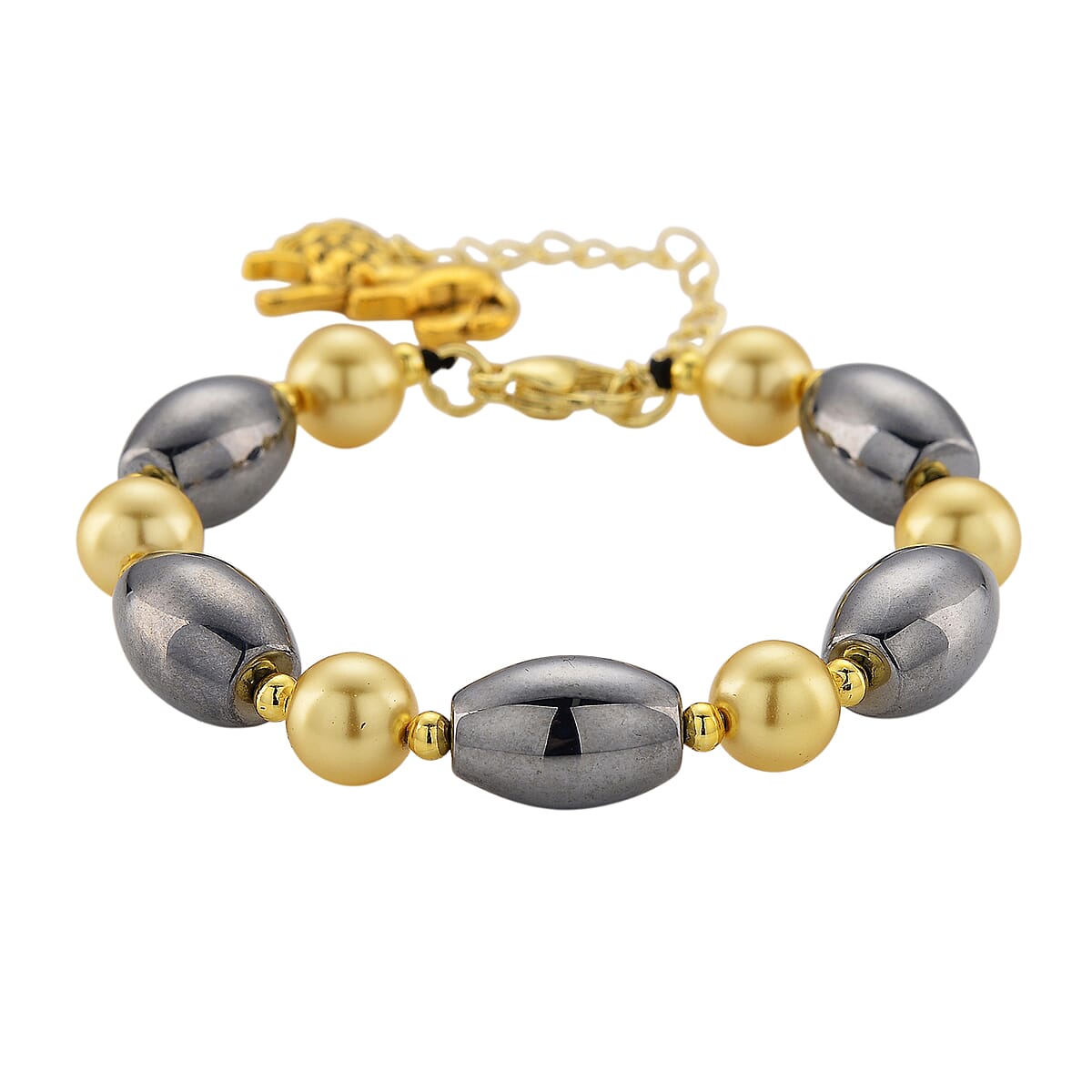Terahertz 30.00 ctw and Golden Shell Pearl Beaded Bracelet with Lion Charm (6.5-8.5In) and Earrings in Goldtone and Stainless Steel image number 3