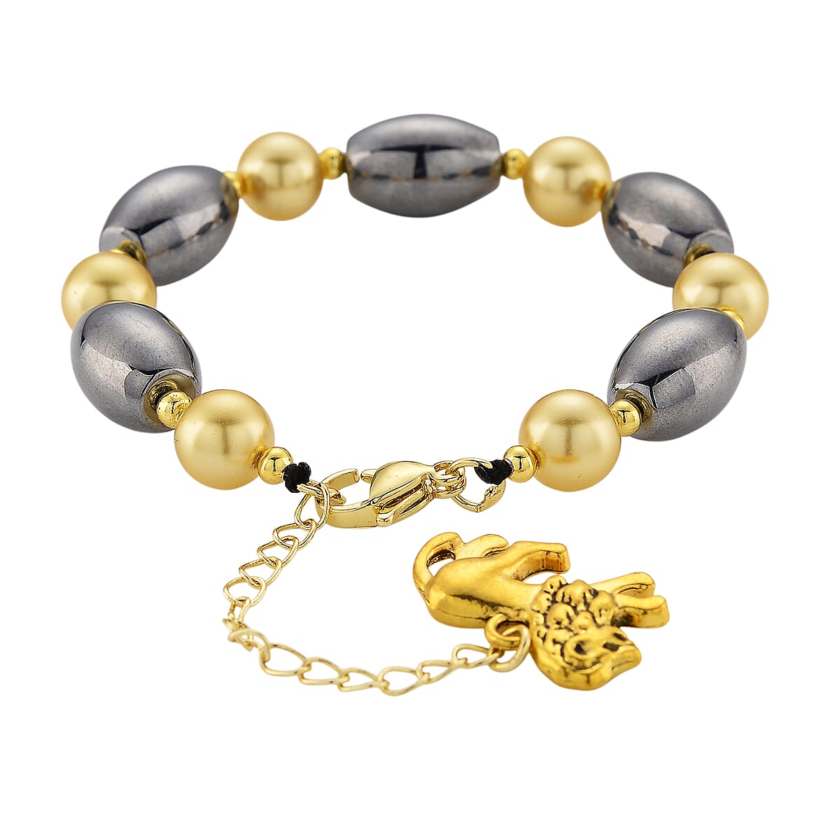 Terahertz 30.00 ctw and Golden Shell Pearl Beaded Bracelet with Lion Charm (6.5-8.5In) and Earrings in Goldtone and Stainless Steel image number 4