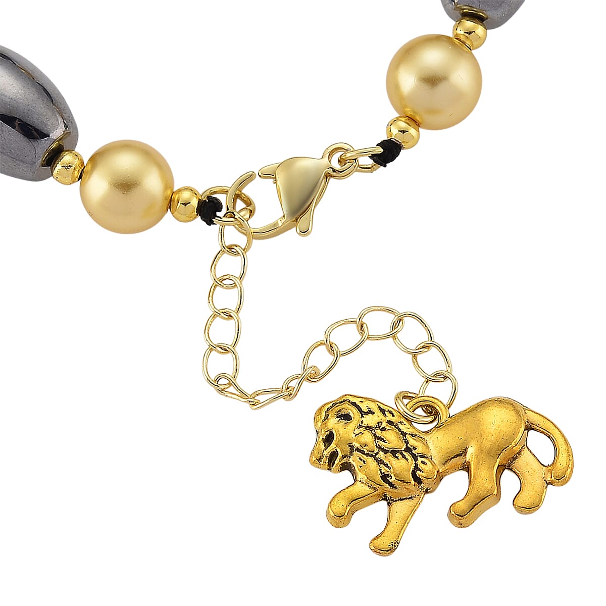 Terahertz 30.00 ctw and Golden Shell Pearl Beaded Bracelet with Lion Charm (6.5-8.5In) and Earrings in Goldtone and Stainless Steel image number 5
