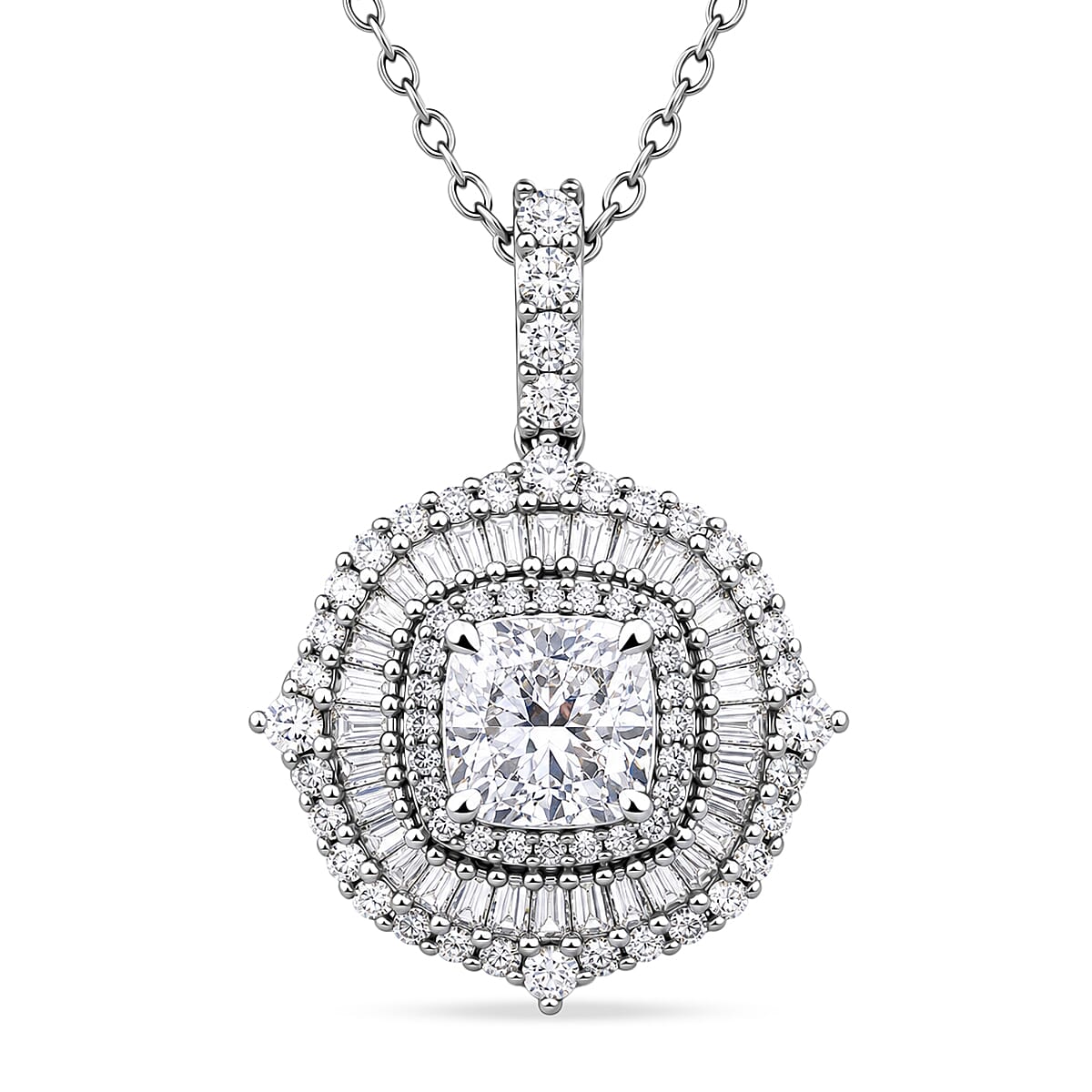 Luxuriant Lab Grown Diamond G-H SI 2.00 ctw Double Halo Pendant Necklace in Rhodium Over Sterling Silver (20 Inches)
