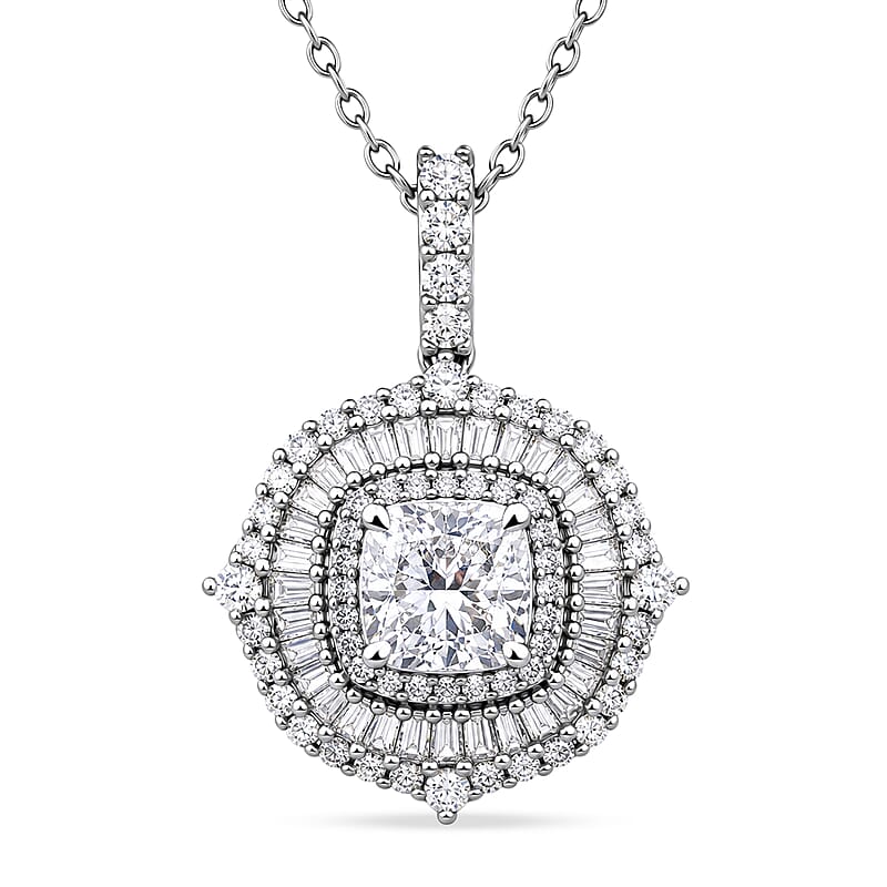 Luxuriant Lab Grown Diamond G-H SI 2.00 ctw Double Halo Pendant Necklace in Rhodium Over Sterling Silver (20 Inches)