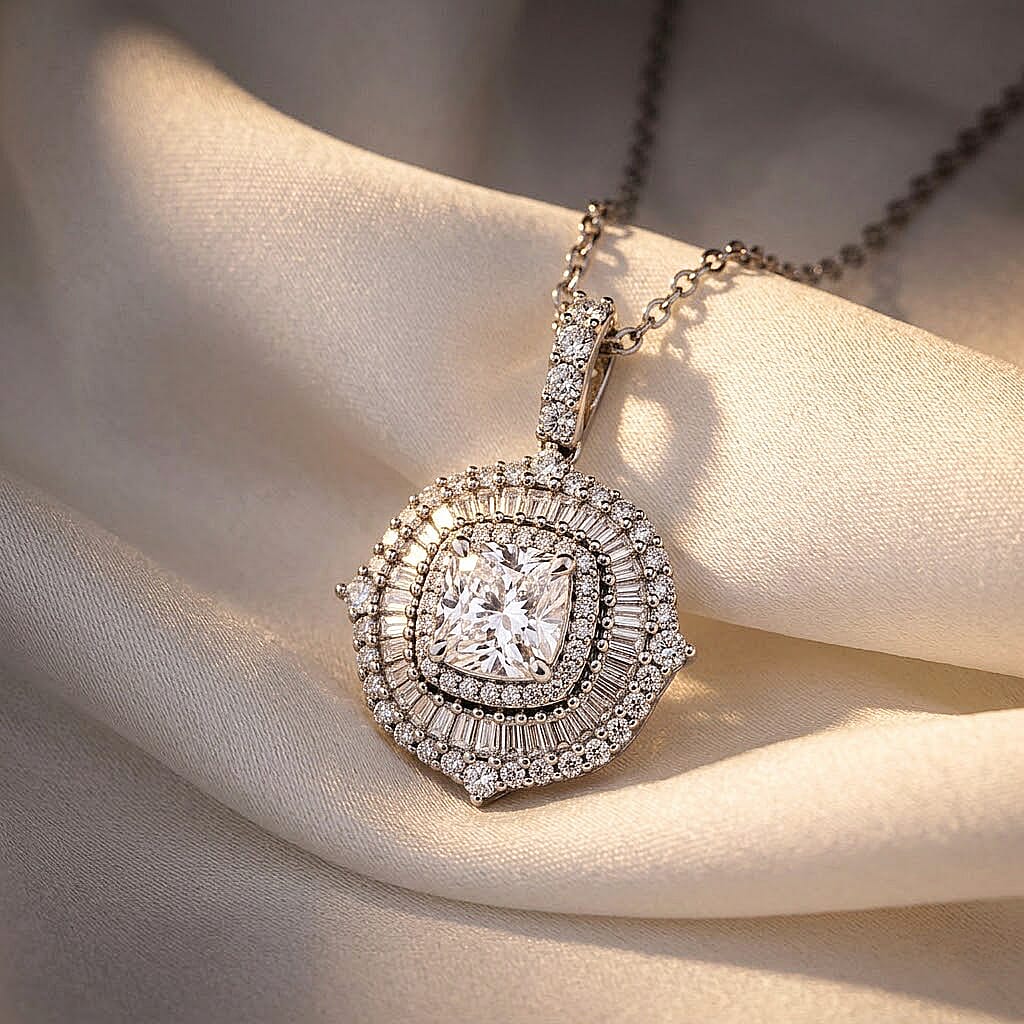 Luxuriant Lab Grown Diamond G-H SI 2.00 ctw Double Halo Pendant Necklace in Rhodium Over Sterling Silver (20 Inches)