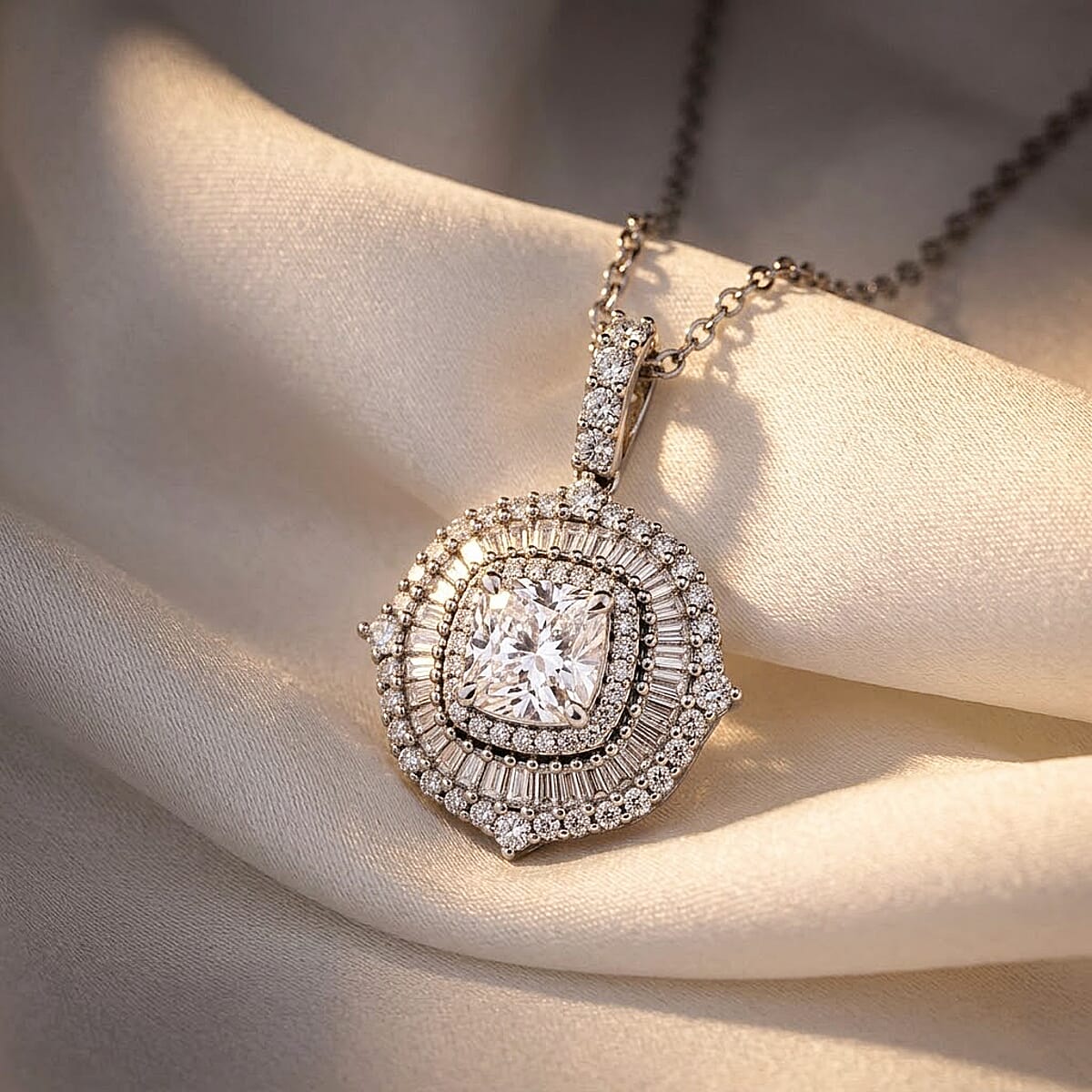 Luxuriant Lab Grown Diamond G-H SI 2.00 ctw Double Halo Pendant Necklace in Rhodium Over Sterling Silver (20 Inches) image number 1