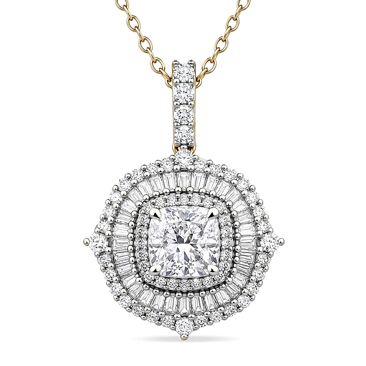 Luxuriant Lab Grown Diamond G-H SI 2.00 ctw Double Halo Pendant Necklace in 18K Vermeil Yellow Gold Over Sterling Silver (20 Inches)