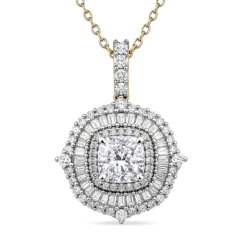 Luxuriant Lab Grown Diamond G-H SI 2.00 ctw Double Halo Pendant Necklace in 18K Vermeil Yellow Gold Over Sterling Silver (20 Inches)