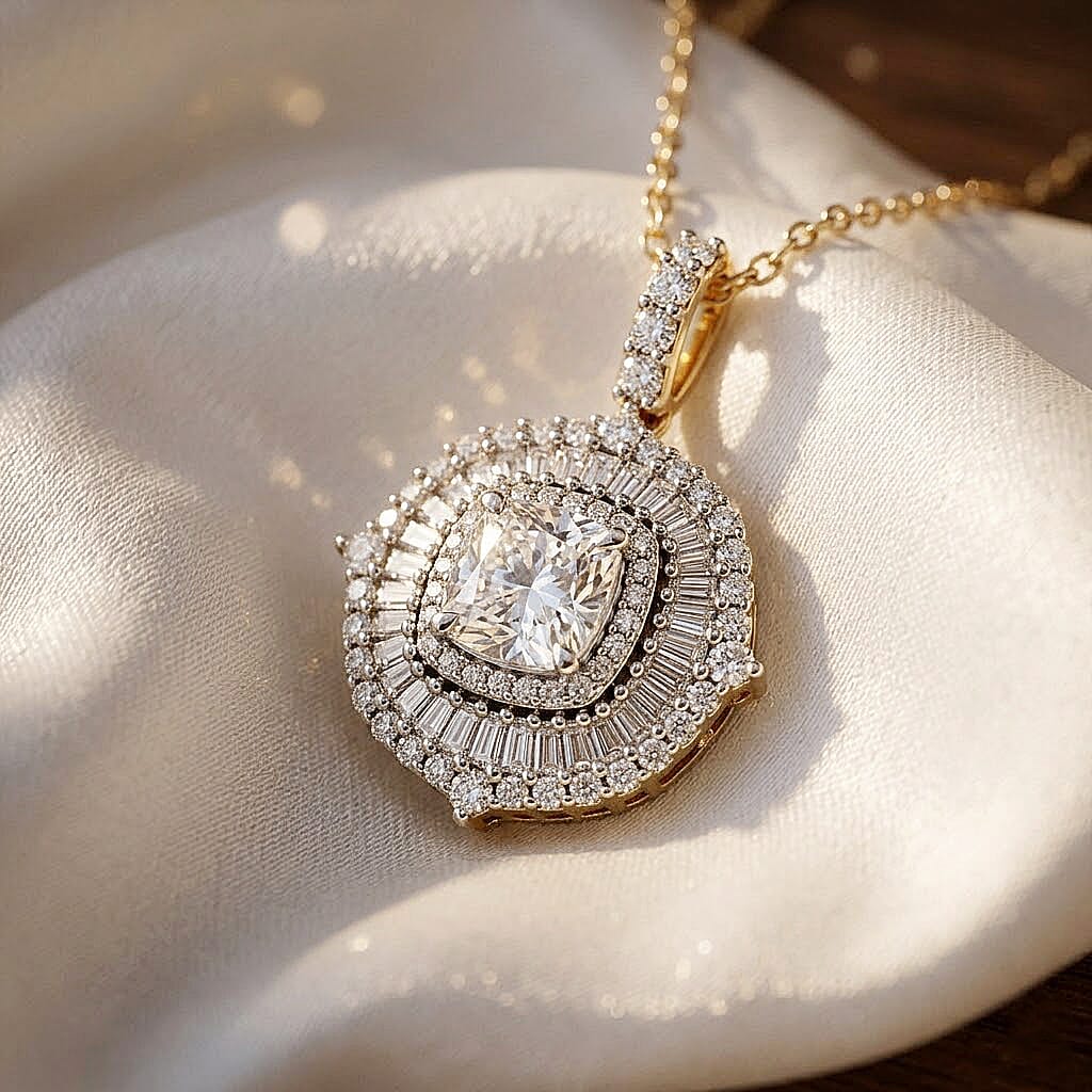 Luxuriant Lab Grown Diamond G-H SI 2.00 ctw Double Halo Pendant Necklace in 18K Vermeil Yellow Gold Over Sterling Silver (20 Inches)
