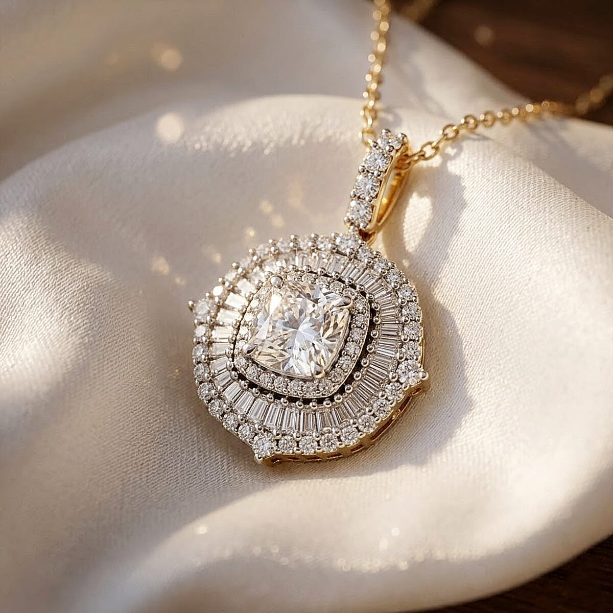 Luxuriant Lab Grown Diamond G-H SI 2.00 ctw Double Halo Pendant Necklace in 18K Vermeil Yellow Gold Over Sterling Silver (20 Inches) image number 1