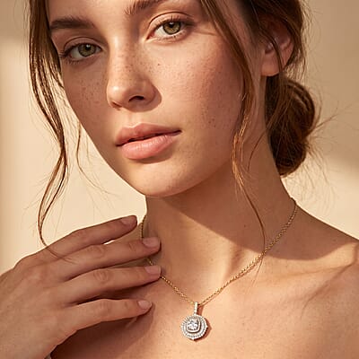 Luxuriant Lab Grown Diamond G-H SI 2.00 ctw Double Halo Pendant Necklace in 18K Vermeil Yellow Gold Over Sterling Silver (20 Inches)