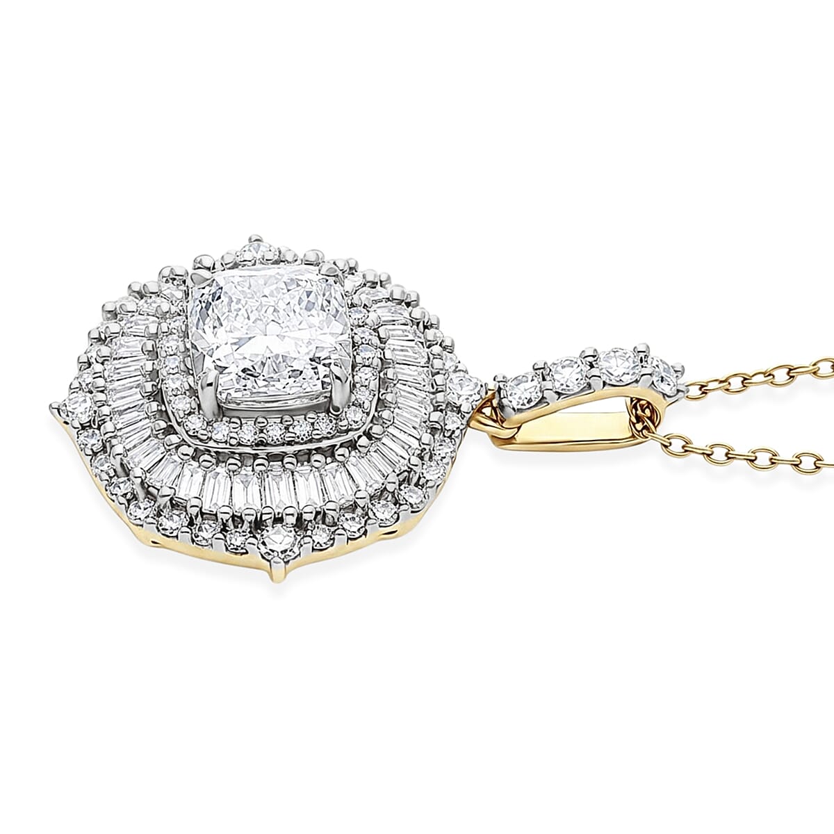 Luxuriant Lab Grown Diamond G-H SI 2.00 ctw Double Halo Pendant Necklace in 18K Vermeil Yellow Gold Over Sterling Silver (20 Inches)